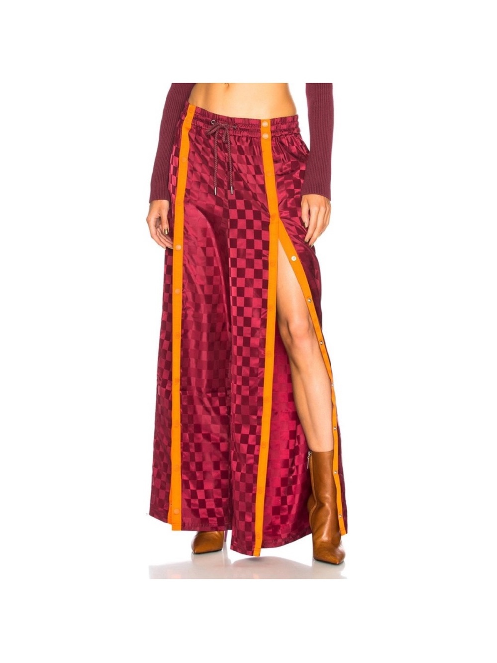 Puma Fenty Burgundy Checker-Panel Tearaway Pants with Orange Stripes Sz XS
